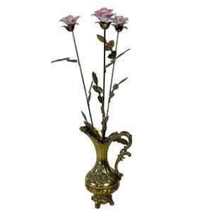 Brass Ornate Vase Capodimonte Roses Dipped Stems VTG 70s Regency Made in Italy